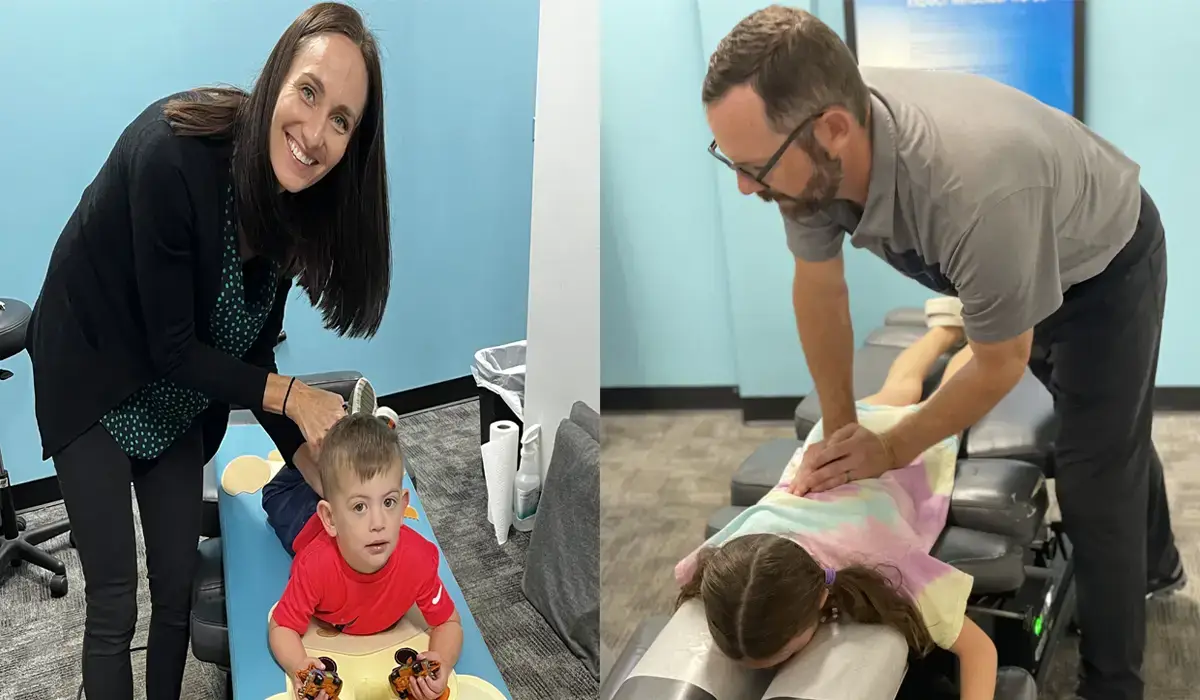 Adults doing adjustments and giving pediatric chiropractic care to the children.