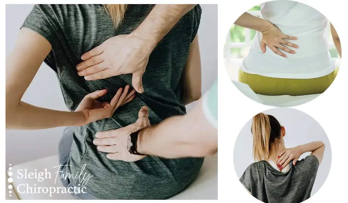A woman getting spinal adjustment for mid-back and neck pain.