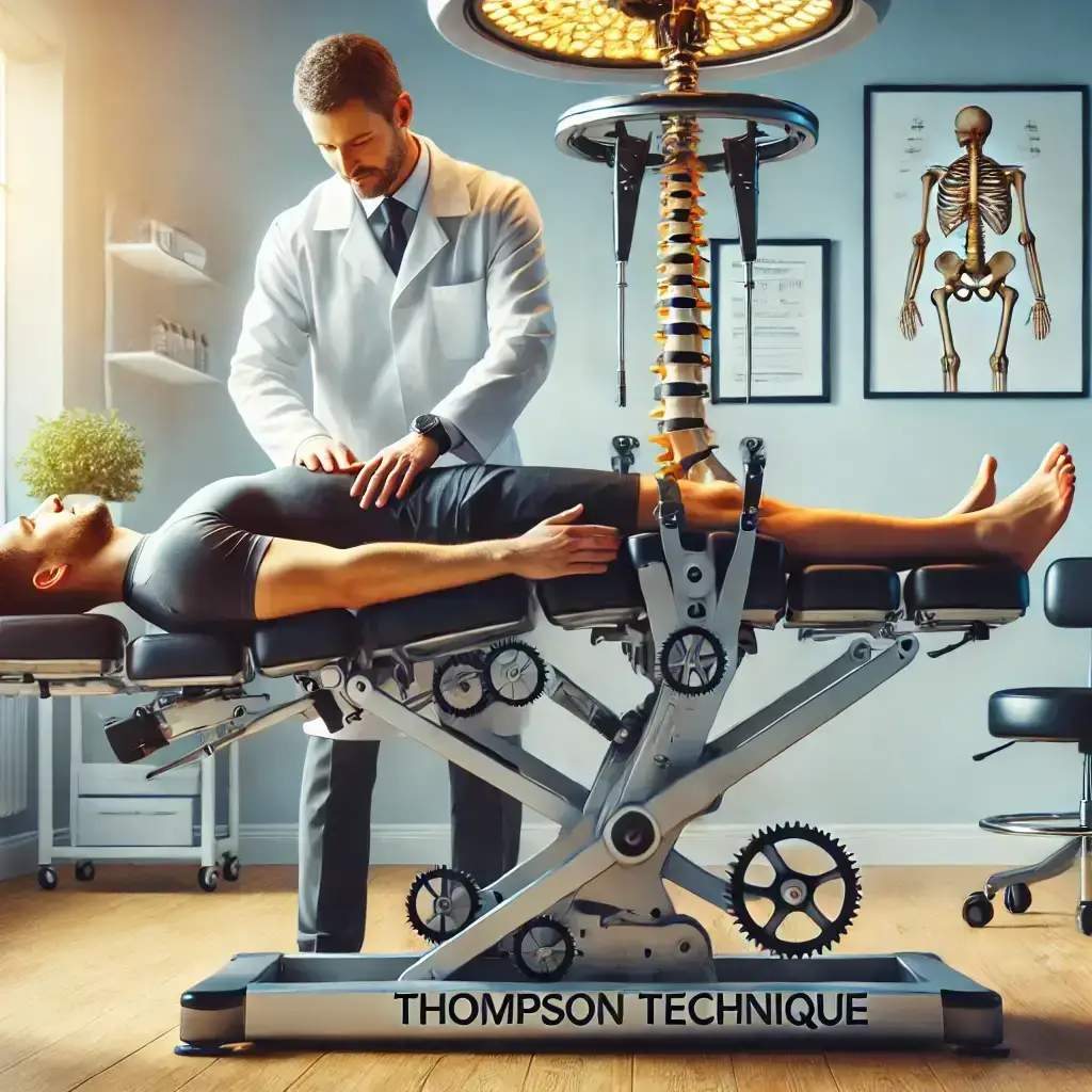 Chiropractor performing the Thompson Drop Technique for spinal alignment on a specialized table in a clinical setting.