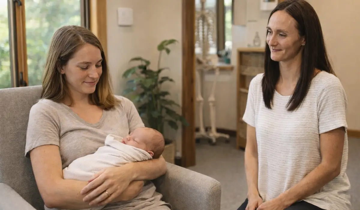 Postpartum chiropractic care supporting a new mother holding her baby in a calm clinic setting