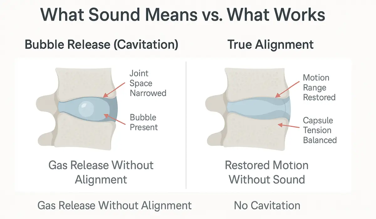 Science Behind Adjustments visual showing cavitation bubble release versus joint alignment without sound.