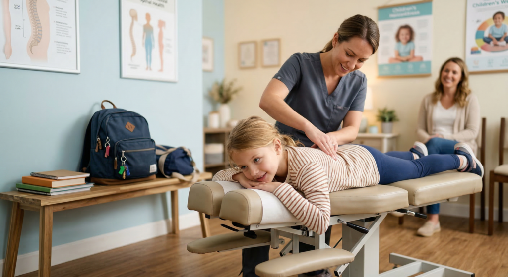 A female pediatric chiropractor performing a manual assessment or adjustment on a smiling young girl in a striped shirt lying prone on a specialized chiropractic table.