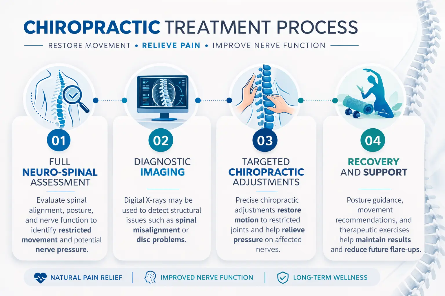 Chiropractic treatment process infographic showing neuro-spinal assessment, diagnostic imaging, chiropractic adjustments, and recovery support