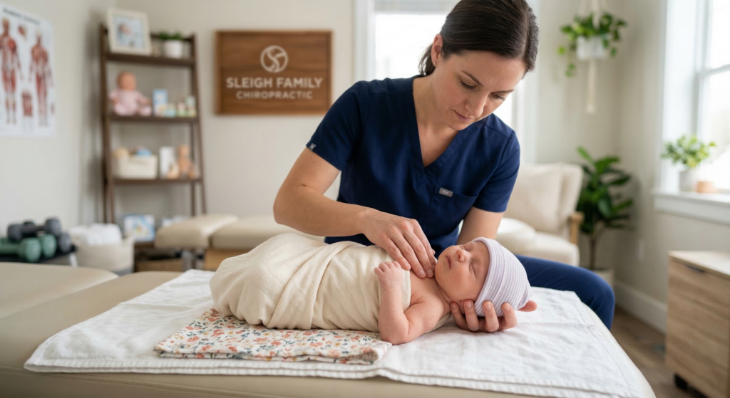 A pediatric chiropractor gently performing a manual cranial and neck assessment on a swaddled newborn baby on a specialized padding, with a Sleigh Family Chiropractic sign visible in the background.