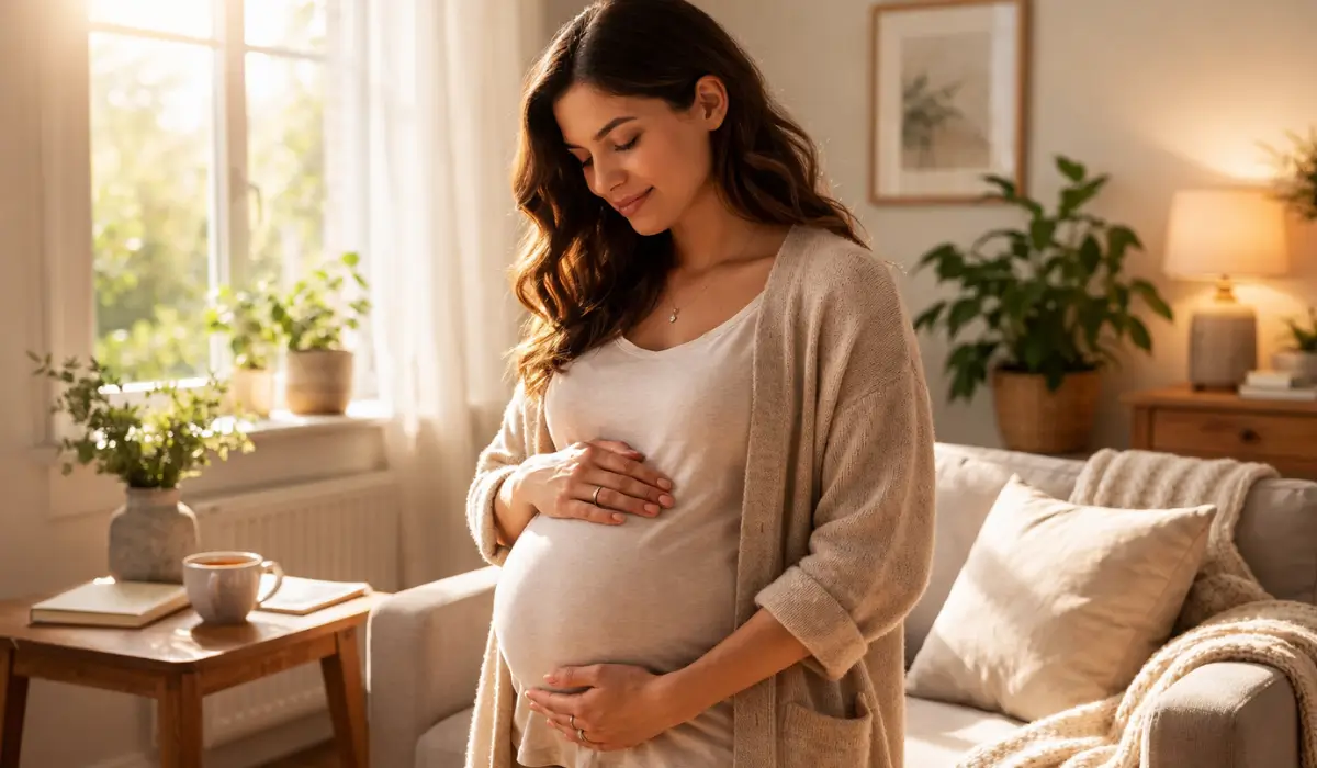 Pregnant woman holding belly during second trimester round ligament pain discomfort in warm home setting.