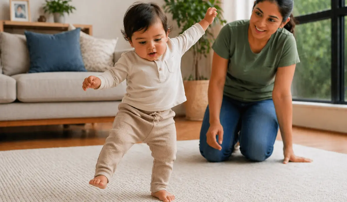 Toddler’s walking pattern showing slight imbalance with outward step while parent observes movement and balance closely.