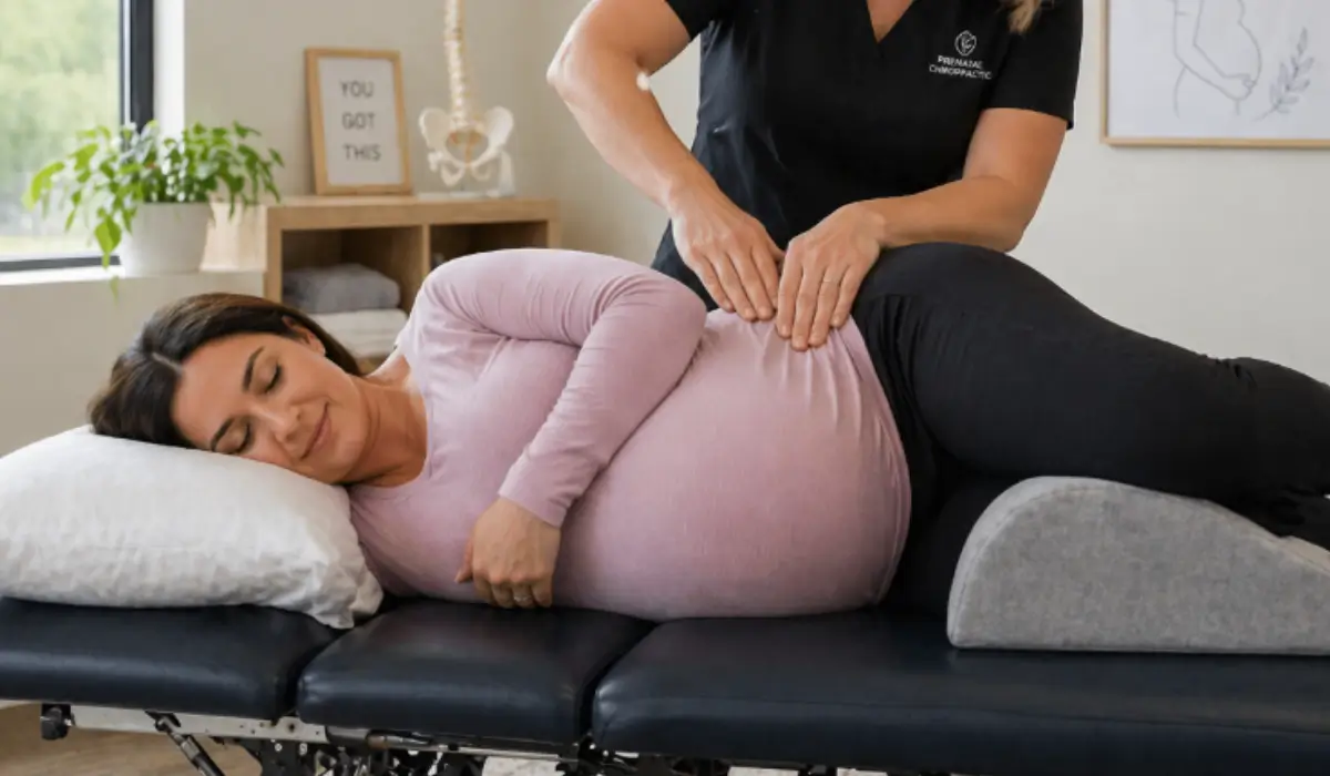 Pregnant woman receiving Webster Technique for breech baby adjustment improving pelvic alignment and maternal comfort safely