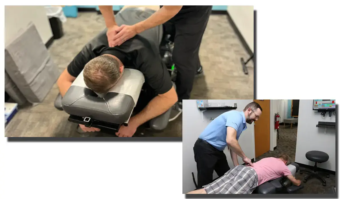 Two men are getting adjusted for back pain. Chiropractic spinal adjustments for herniated disc treatment.