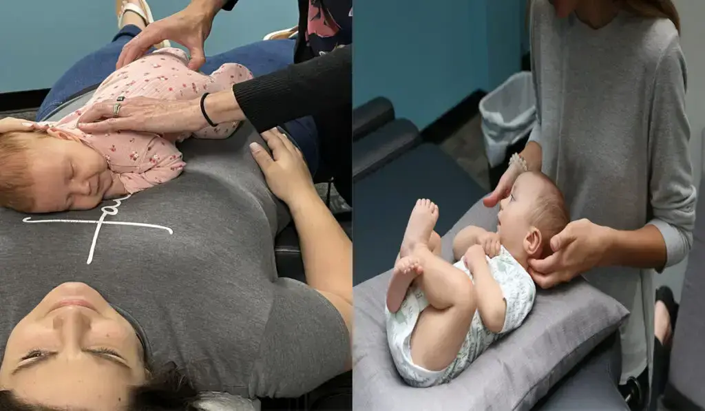 Chiropractors gently performing pediatric chiropractic adjustments on infants using safe, light-touch techniques in a clinic.