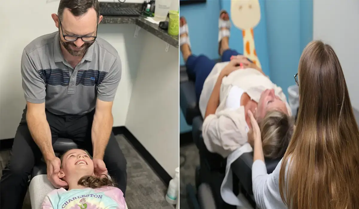 Chiropractic for neck pain. A relaxed woman and child getting neck adjustments.