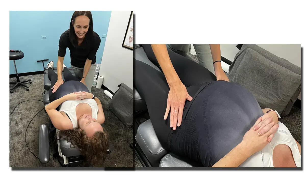 Relaxed pregnant woman receiving chiropractic care.